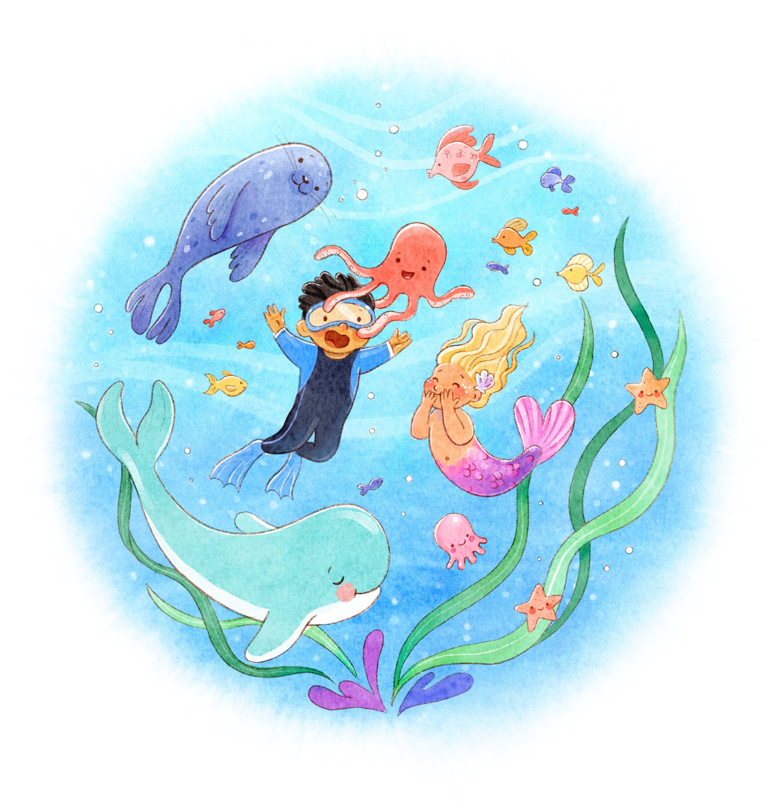 Round underwater scene with a mermaid, a manatee and an octopus
