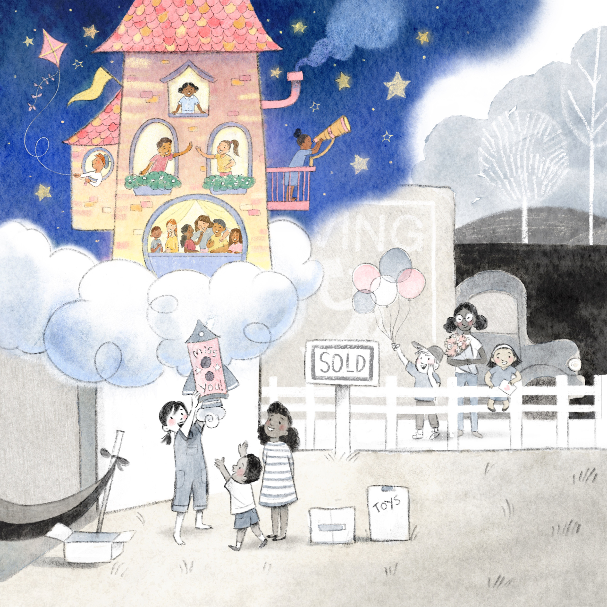 Children imagining a colourful tower in the clouds on moving day