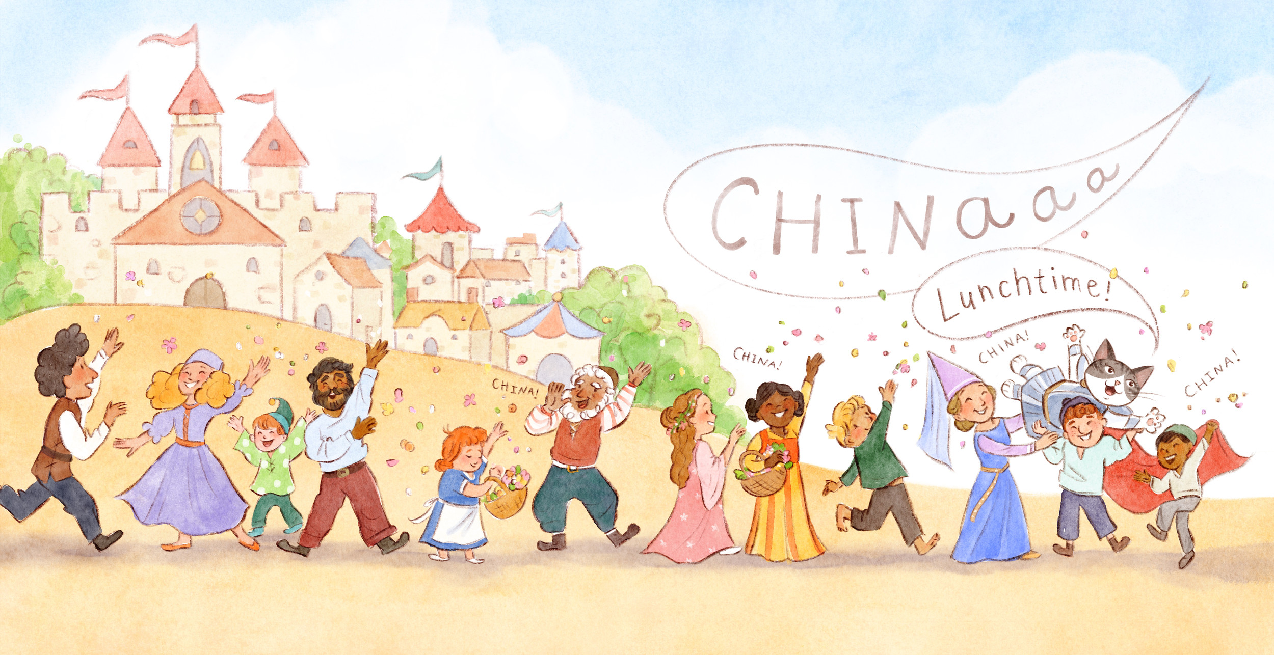 Villagers parading toward a castle, calling for China the cat