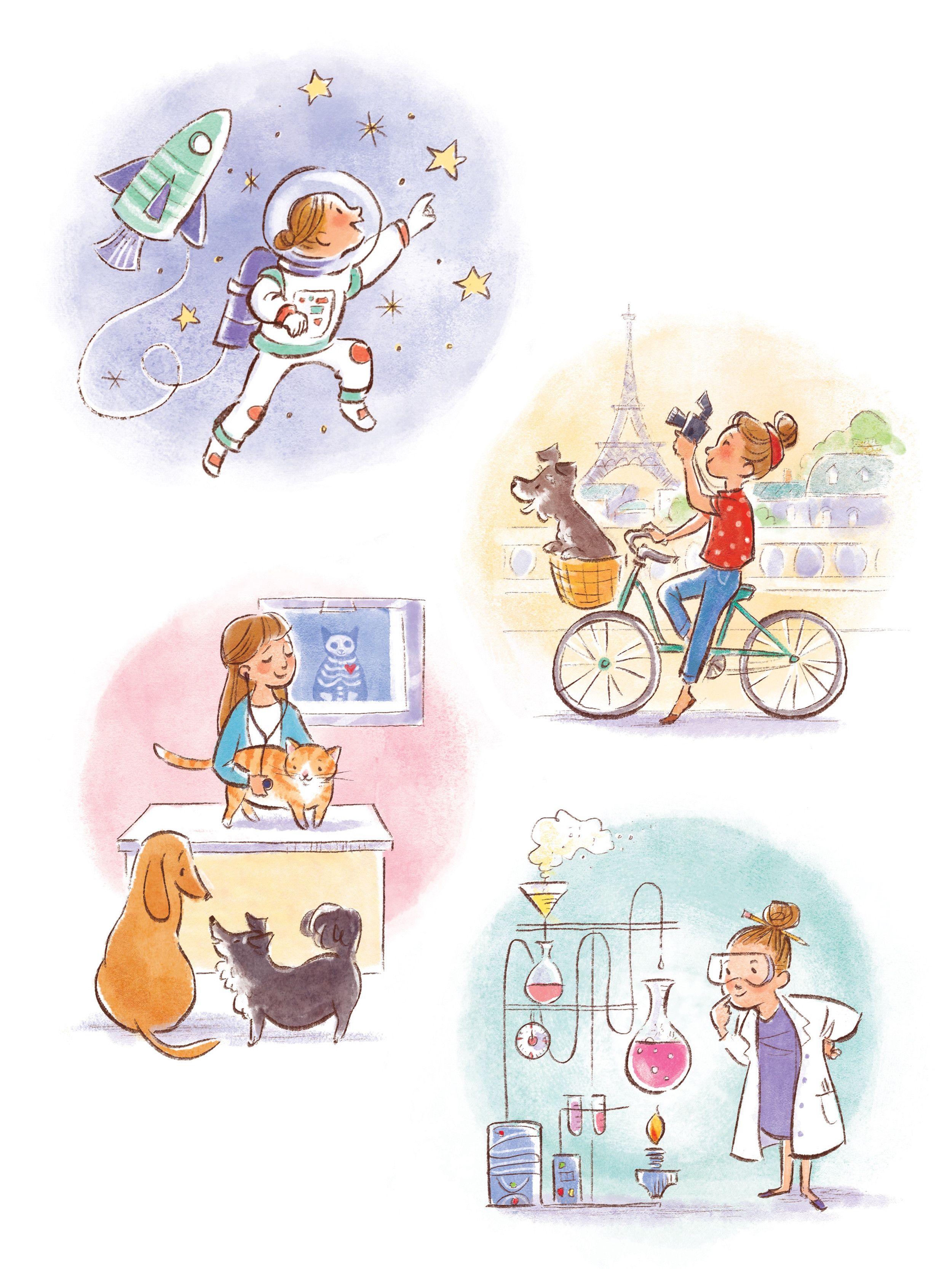 Four small vignettes — astronaut, cyclist in Paris, vet, chemist