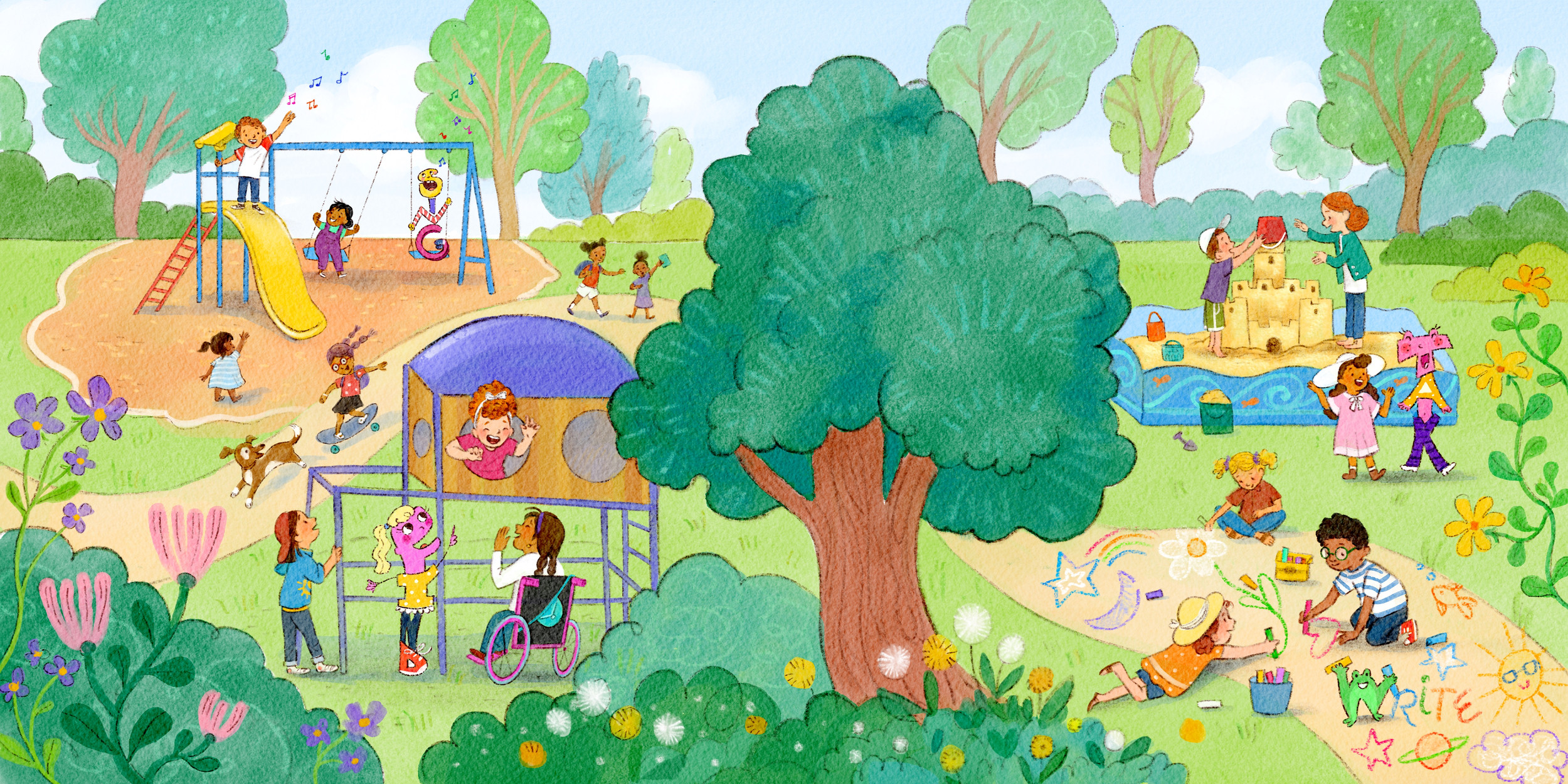Busy playground scene with children of all abilities