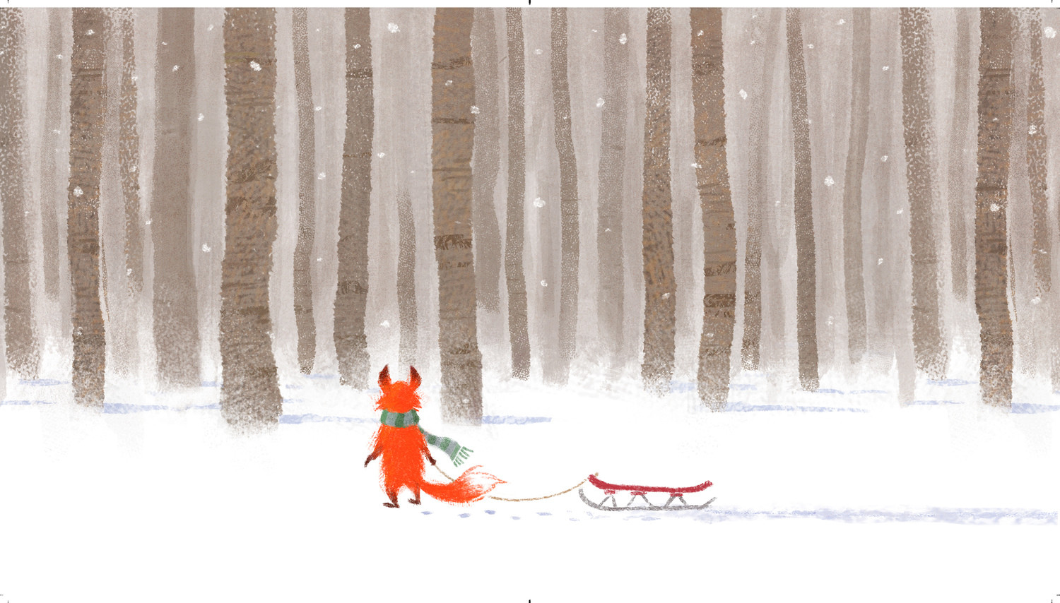 Fox in a scarf pulling a sled through a snowy birch wood