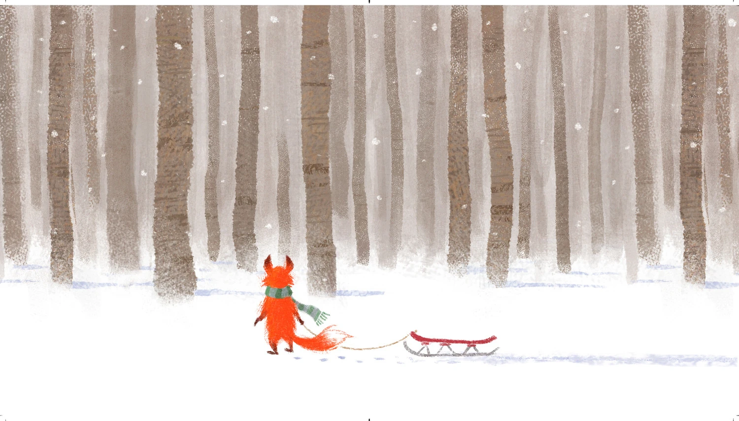 Fox in a scarf pulling a sled through a snowy birch wood