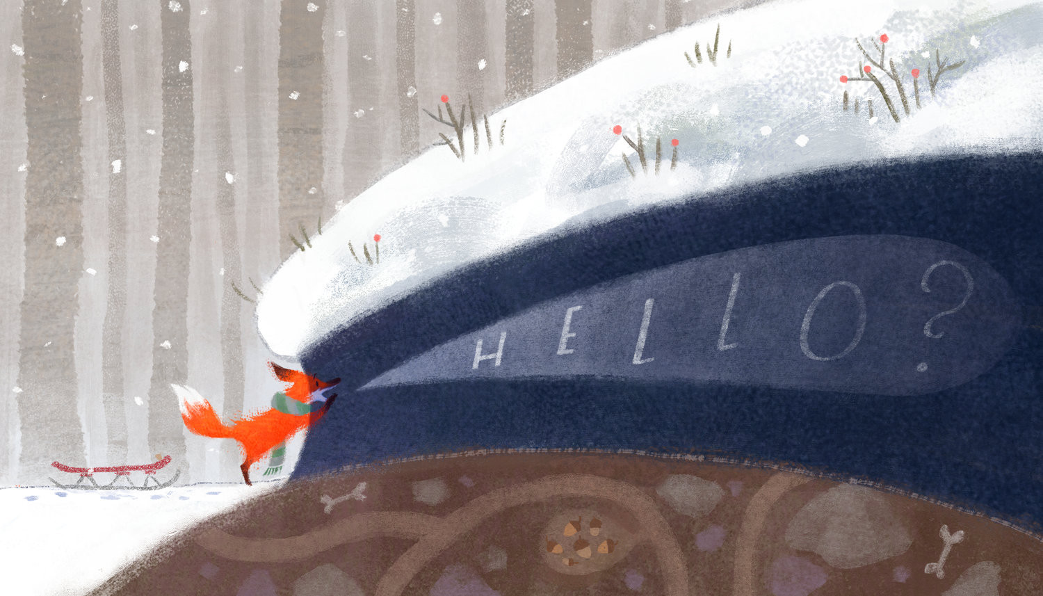 Fox finding 'HELLO?' written in the snow on a sleeping creature