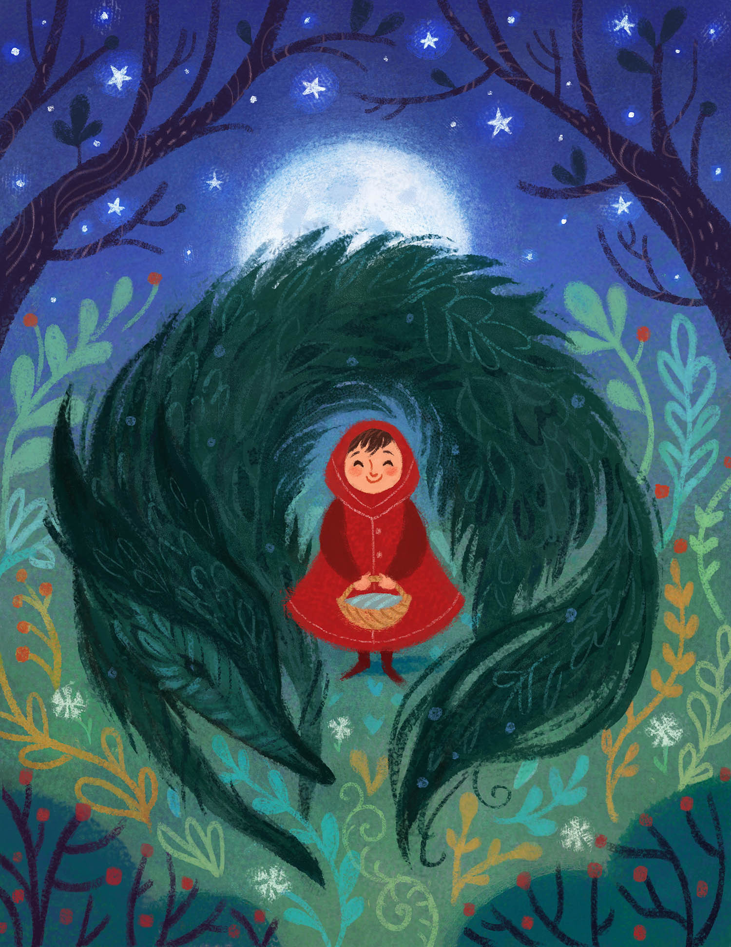 Little Red nestled in a wreath of pine under a full moon