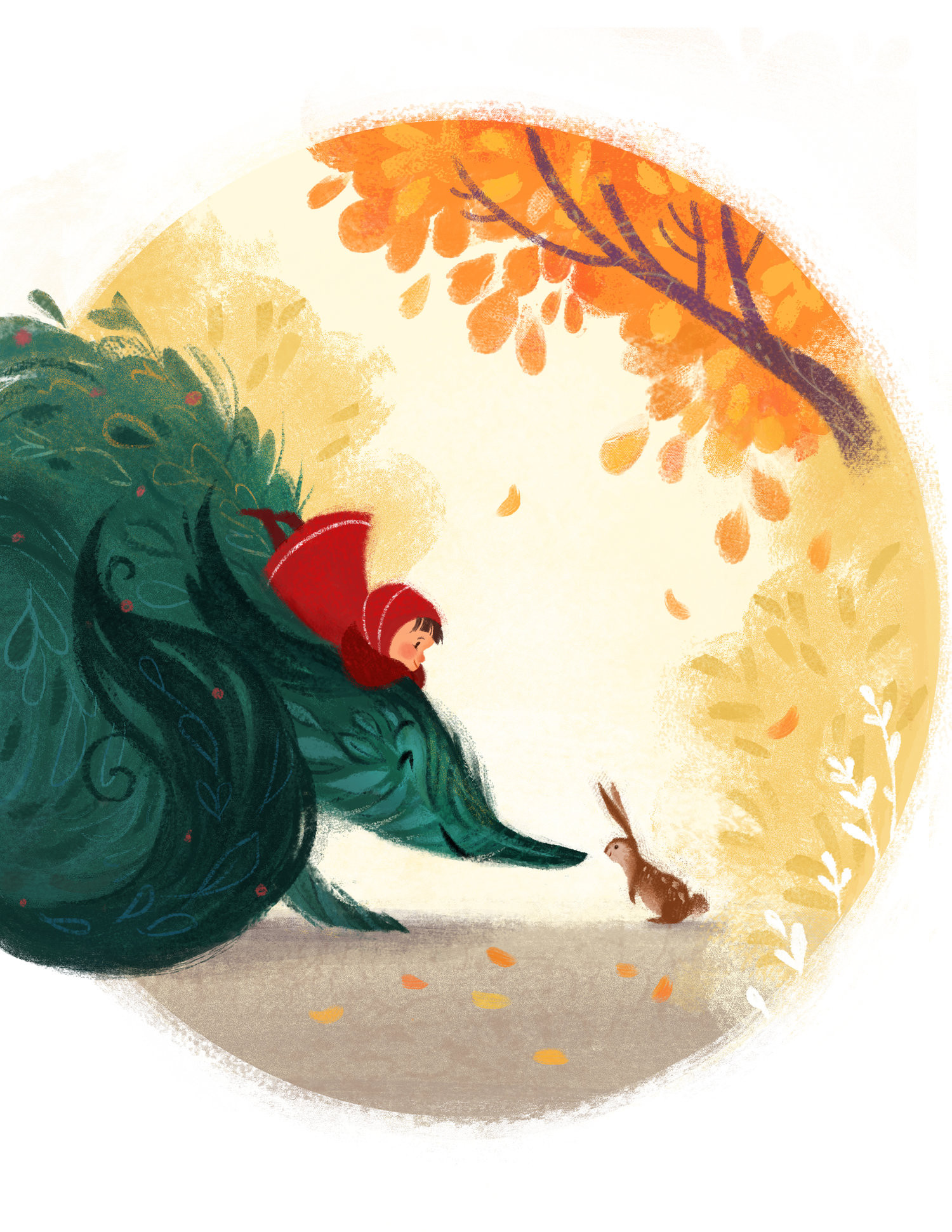 Little Red meeting a rabbit beneath an autumn tree