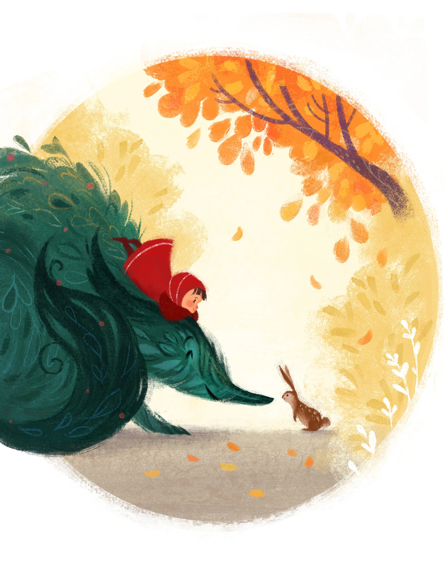 Little Red meeting a rabbit beneath an autumn tree