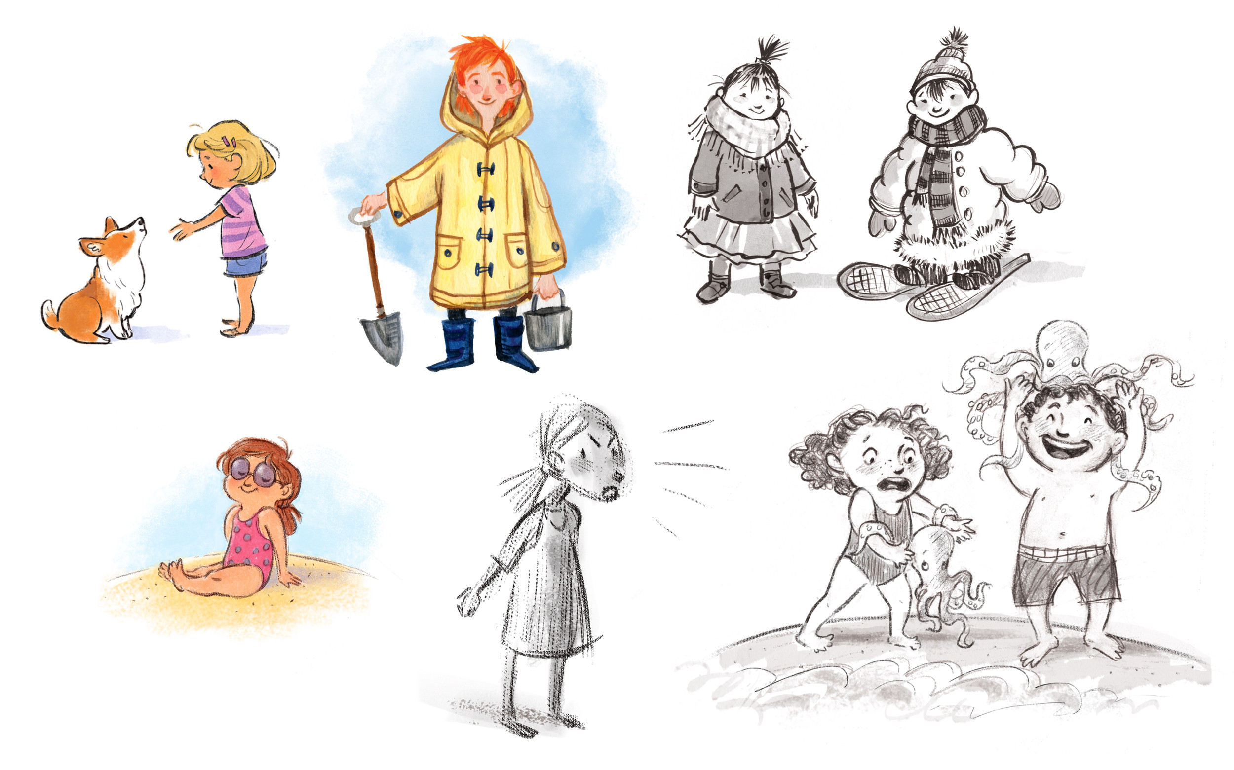 Black and white character studies of children
