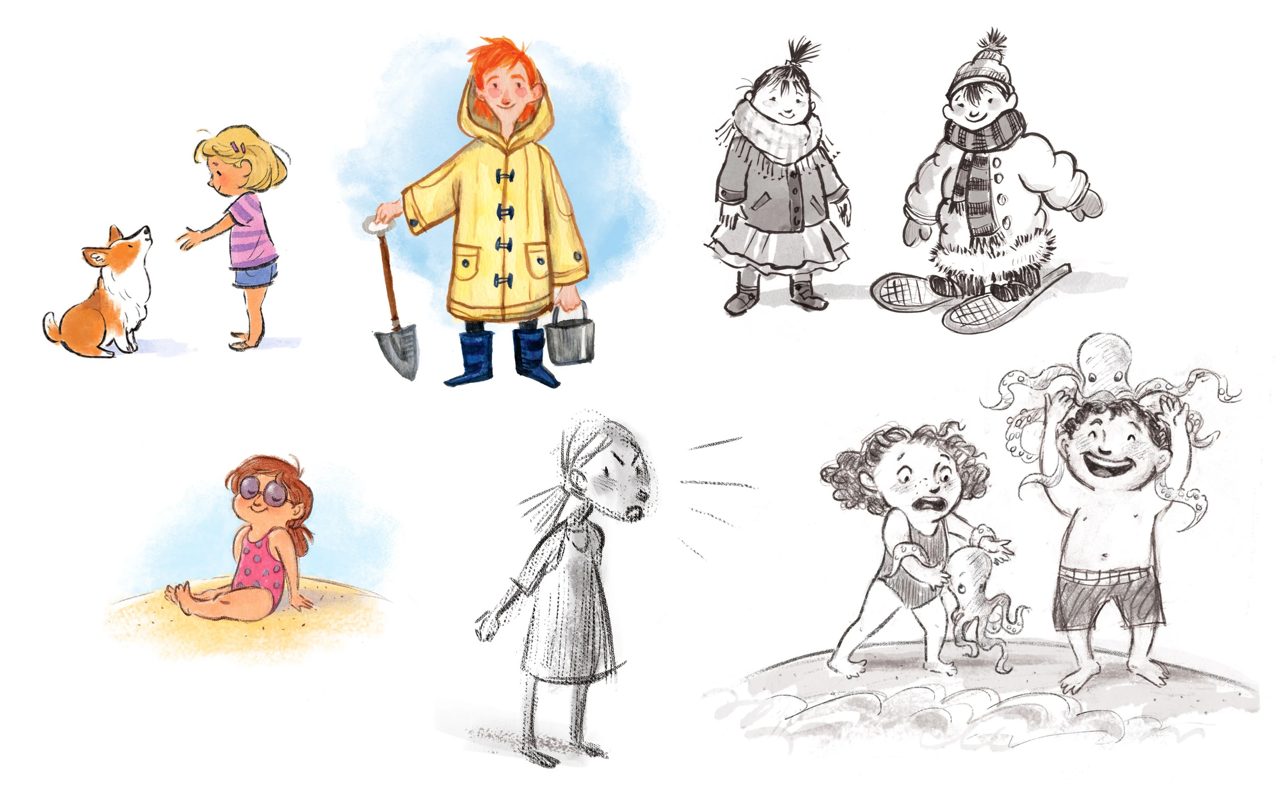 Black and white character studies of children