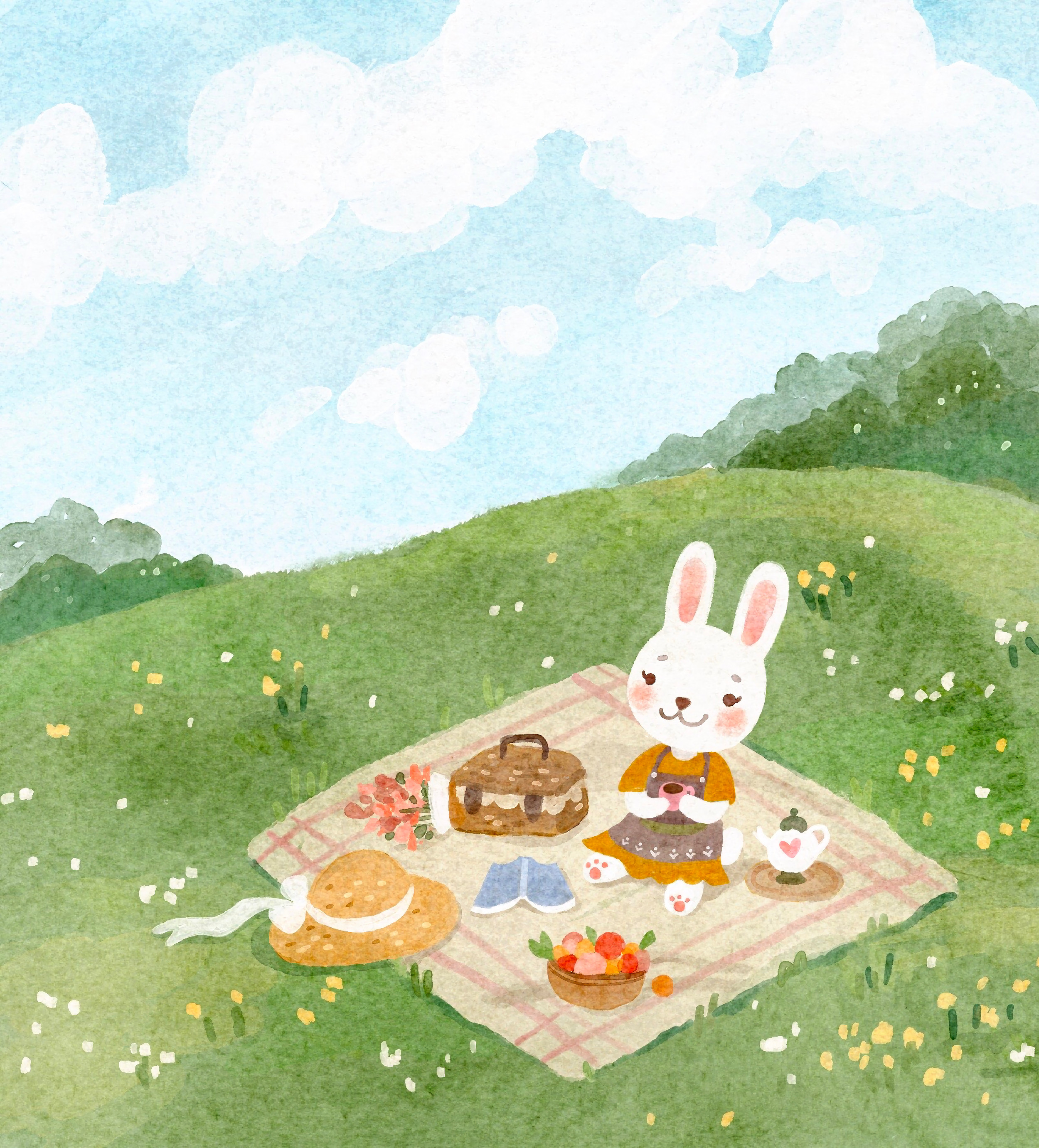 Rabbits having a picnic on a green hillside