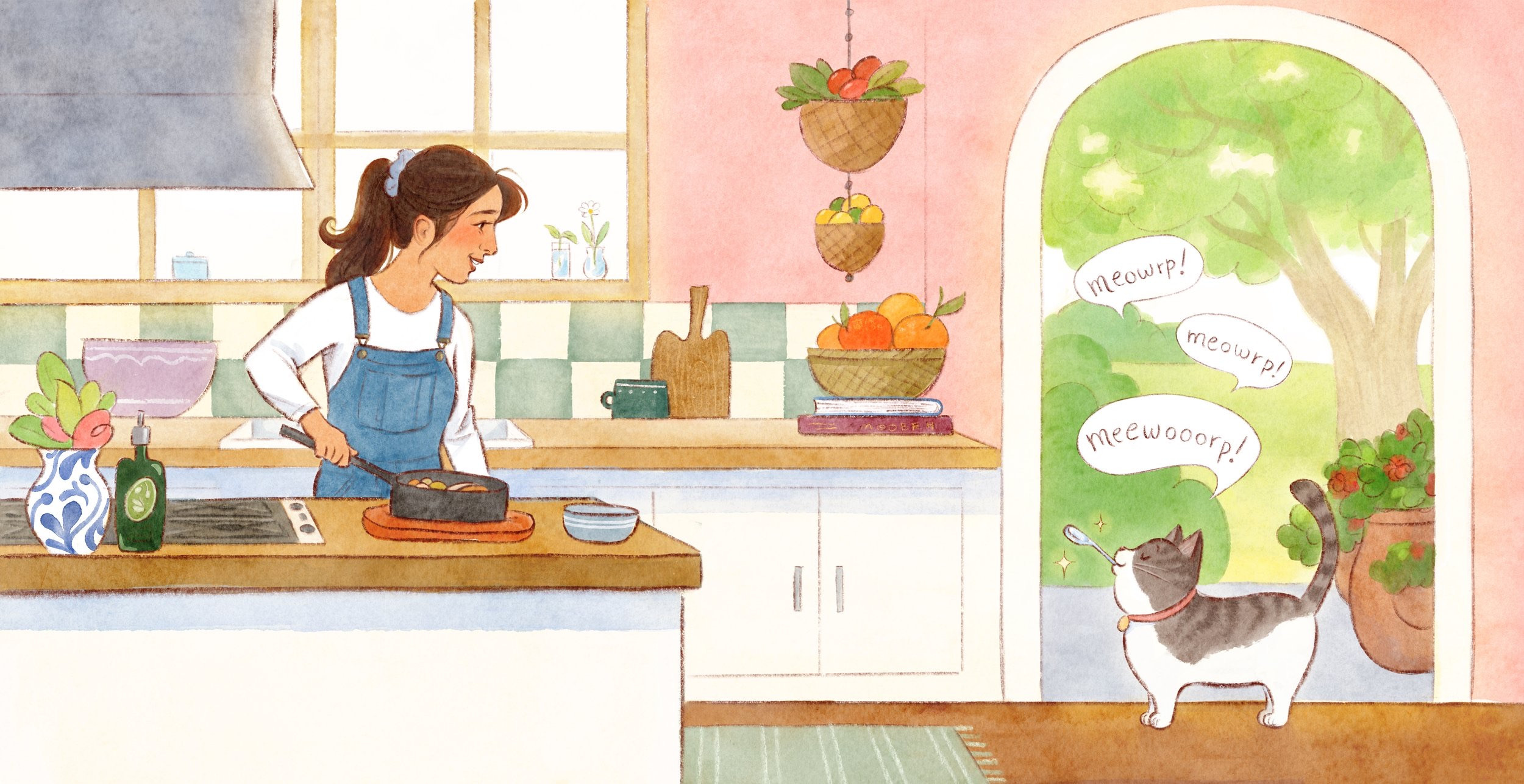 Woman cooking in a kitchen while a cat meows at the door