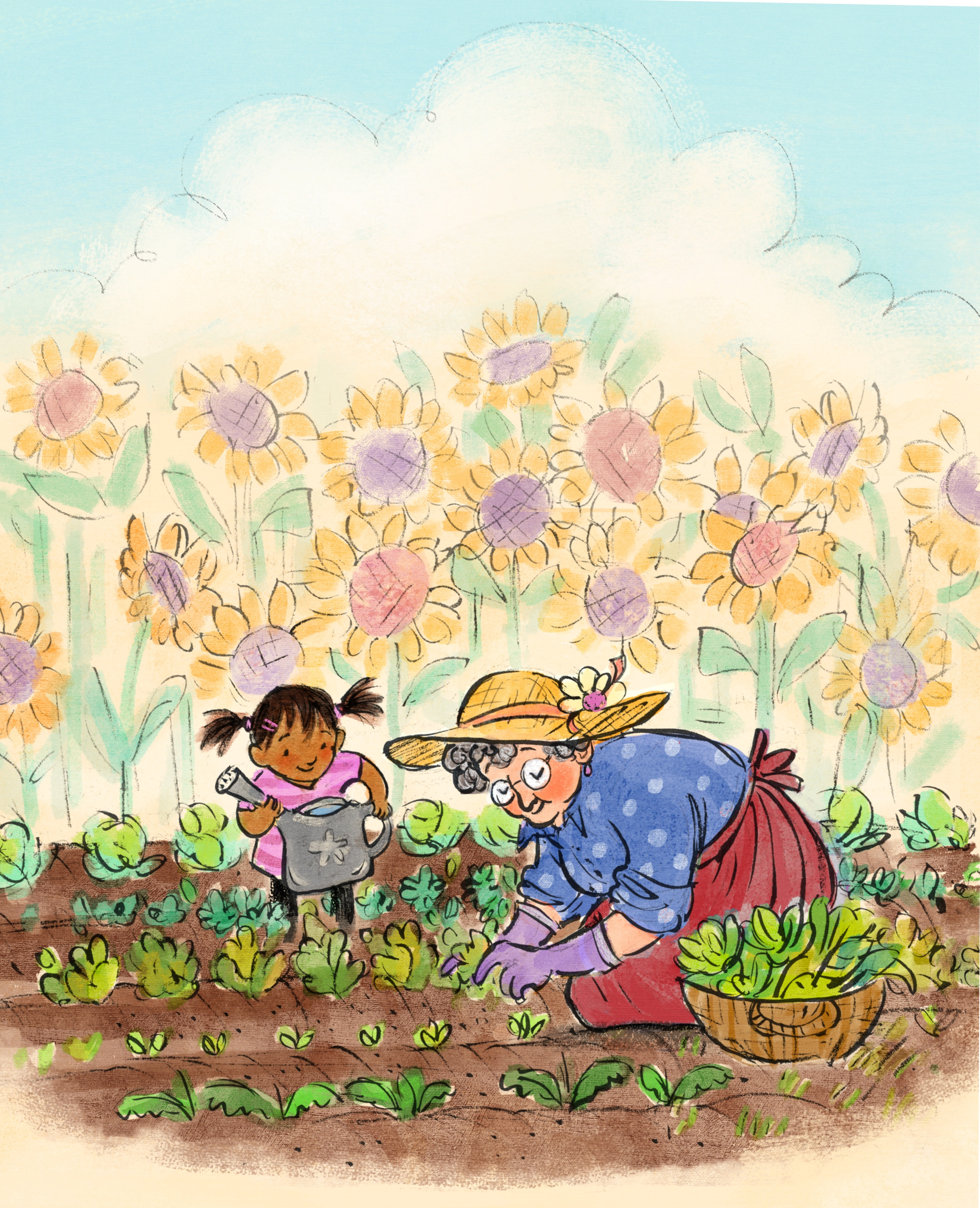 Child and grandmother gardening among sunflowers