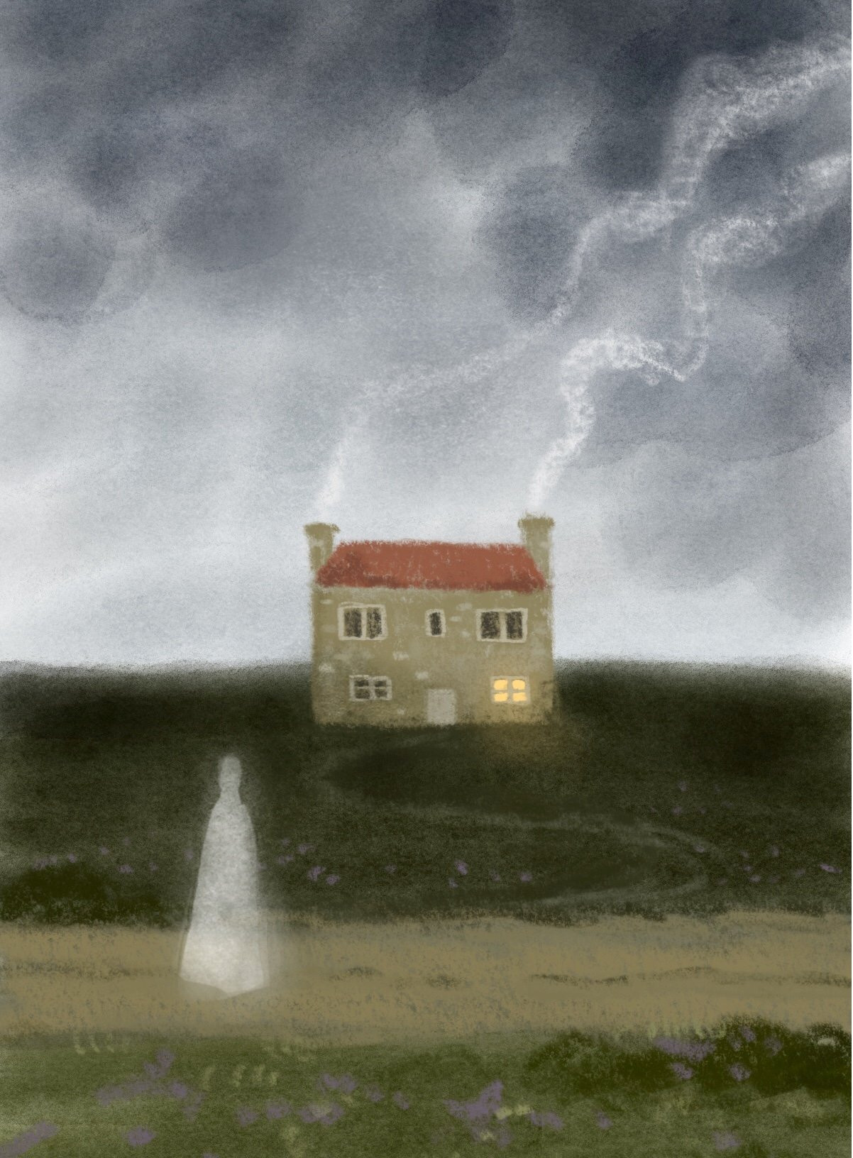Lone house on a dark hill under a stormy sky