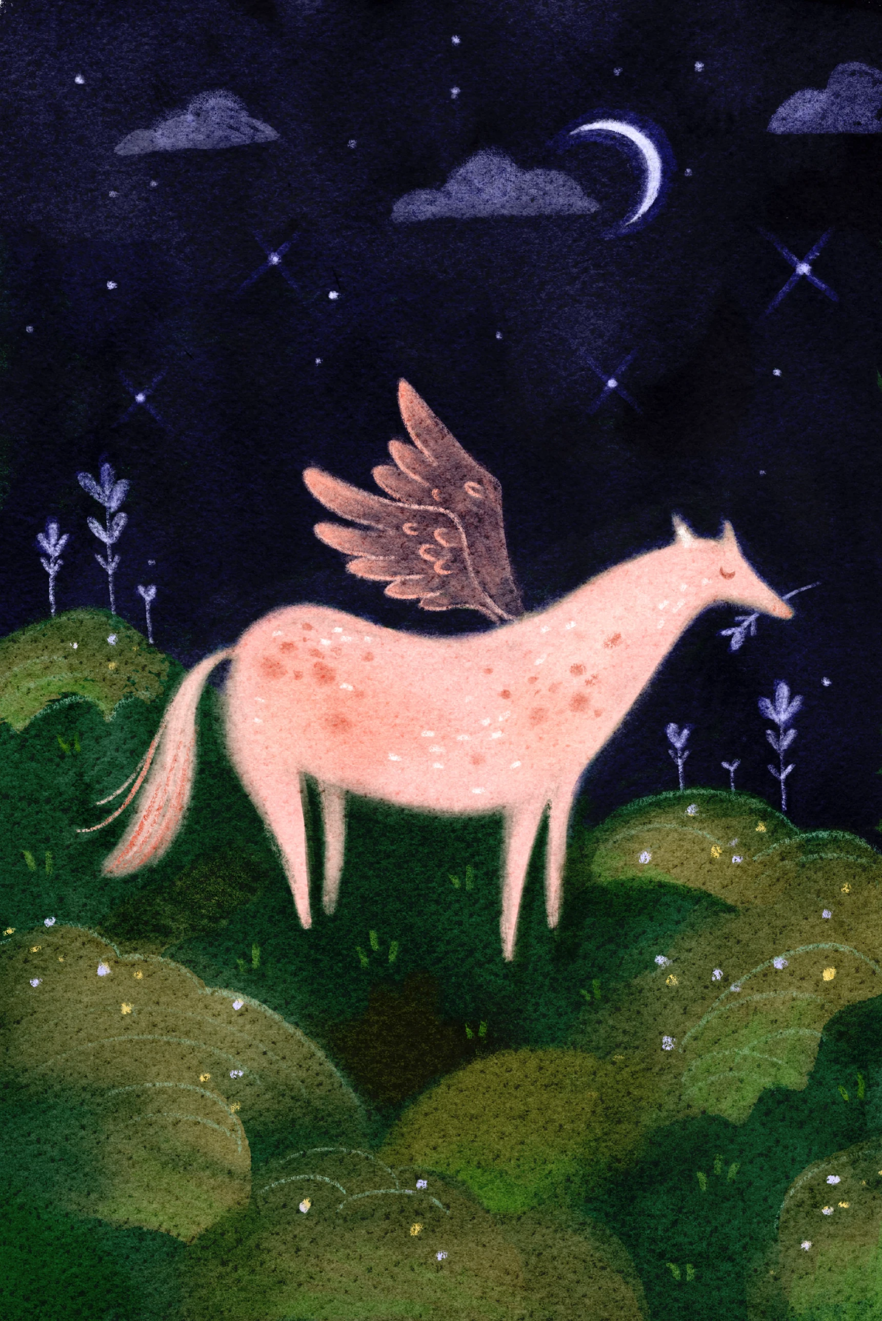 Pink winged horse standing on dark green hills under a crescent moon and stars