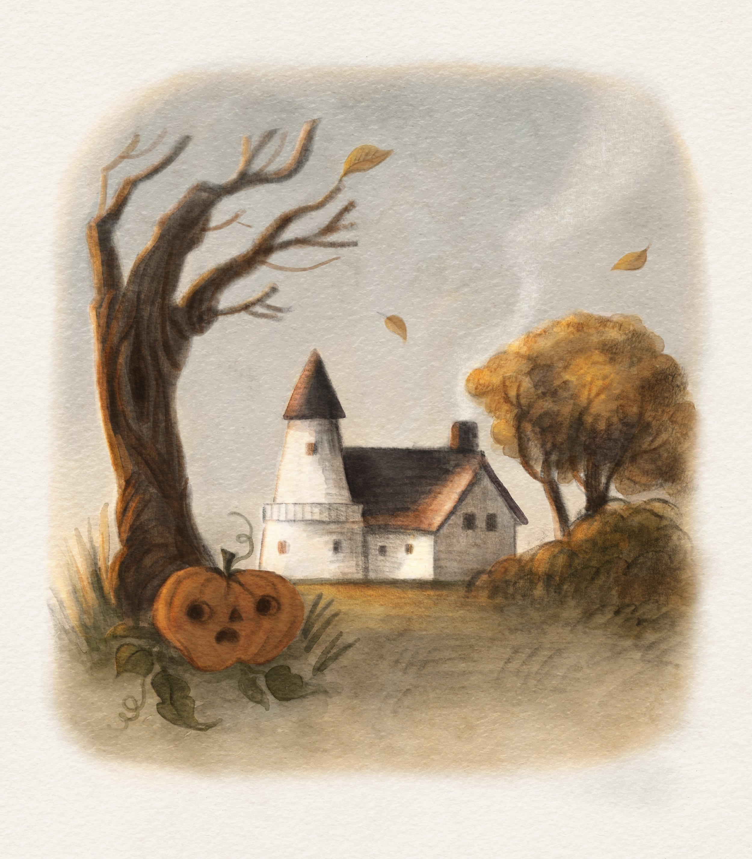 Autumn churchyard with pumpkins and a bare tree