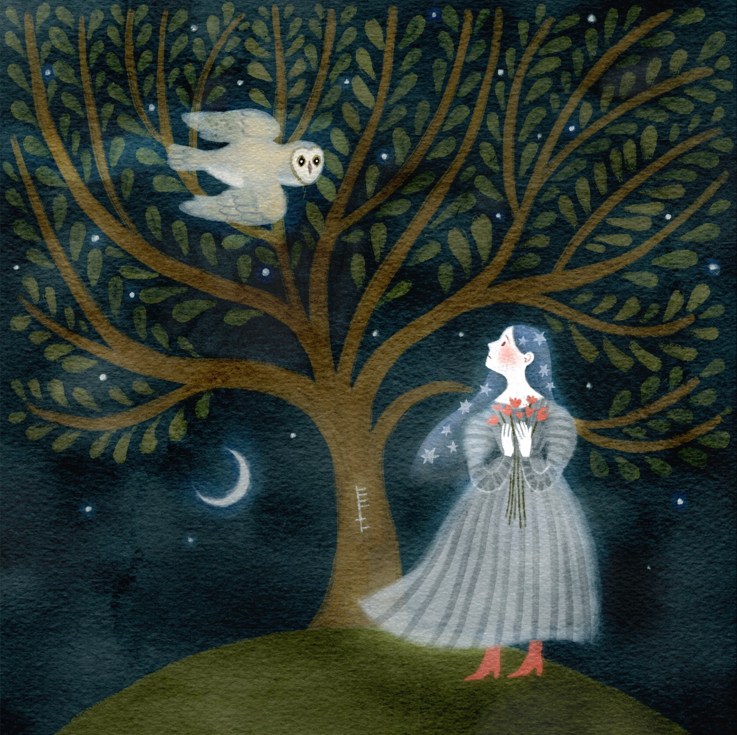 Ghostly figure beneath a great tree on a moonlit night