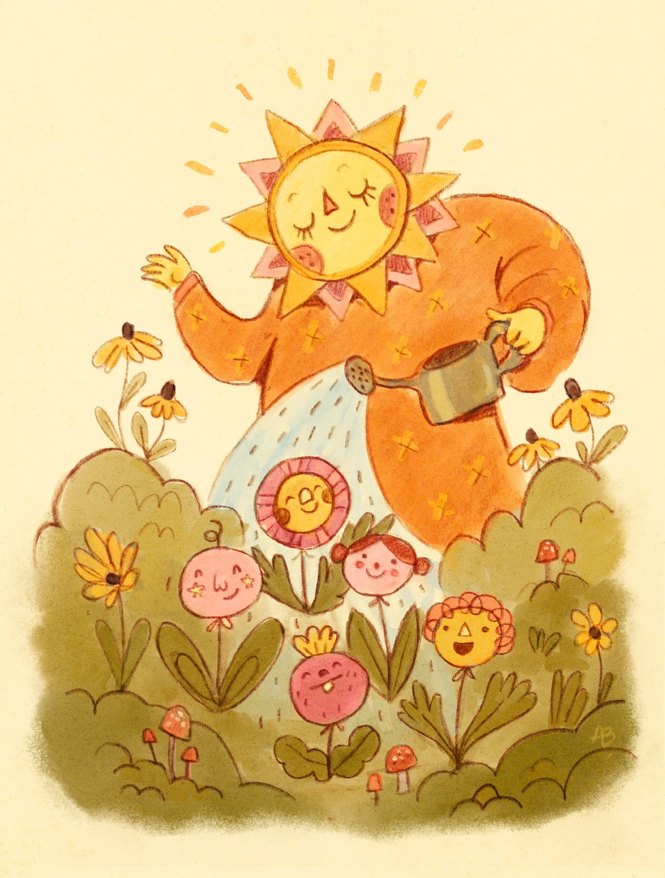 Sun-headed gardener watering a bed of smiling flowers